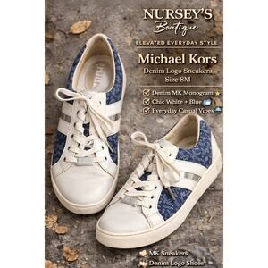 Michael Kors Denim Logo Sneakers White Blue Lace Up Shoes Womens 8